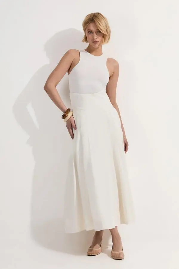 Viscose Linen Tailored Full Skirted Midaxi Skirt - Ivory