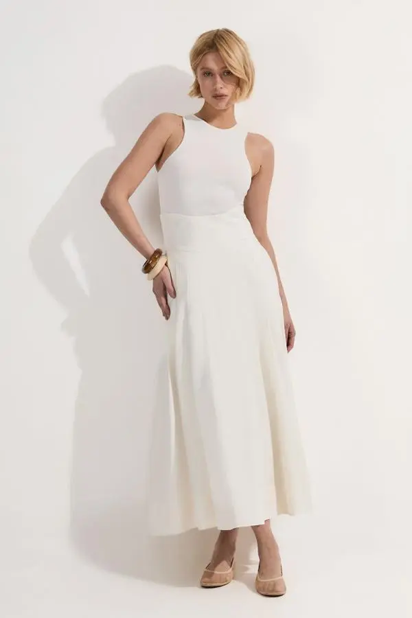 Viscose Linen Tailored Full Skirted Midaxi Skirt - Ivory