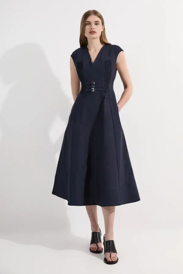 Archive Collection - Tailored Cotton Pintuck Grosgrain Corset Maxi Dress - Navy