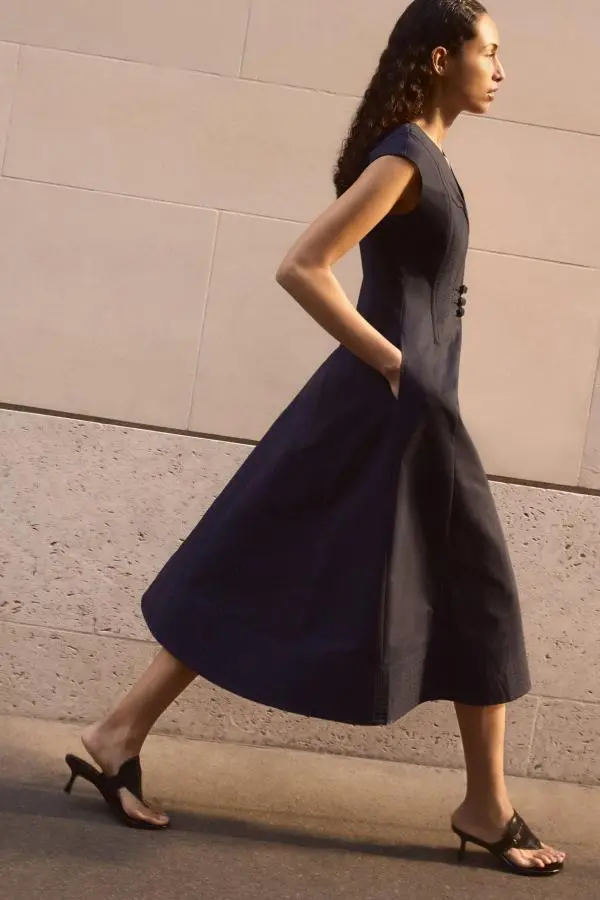Archive Collection - Tailored Cotton Pintuck Grosgrain Corset Maxi Dress - Navy