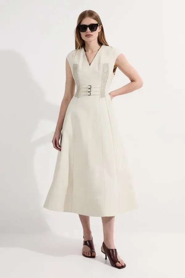 Archive Collection - Tailored Cotton Pintuck Grosgrain Corset Maxi Dress - Brown
