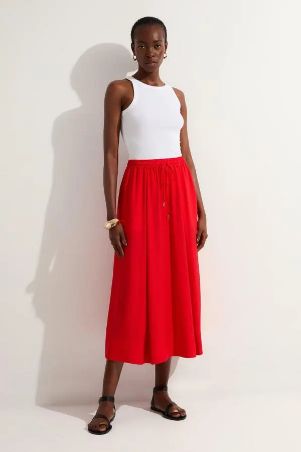 Premium Viscose Linen Tie Waist Woven Skirt - Pink