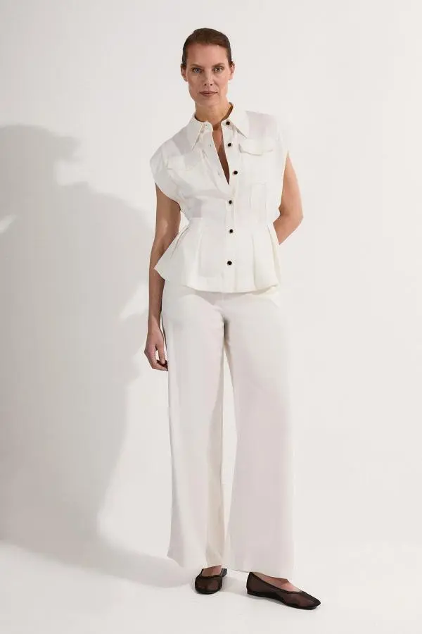 Premium Viscose Linen Woven Straight Leg Trouser - White