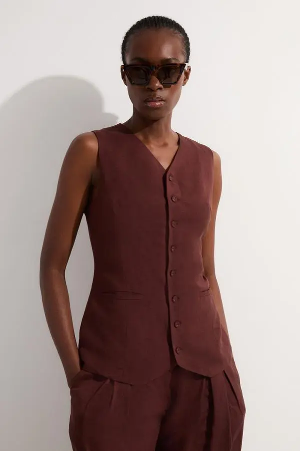 Viscose Linen Woven Longline Waistcoat - Brown