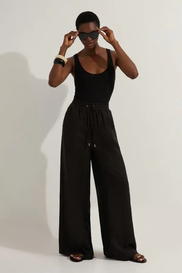 Tall Viscose Linen Tie Waist Woven Trouser - Black
