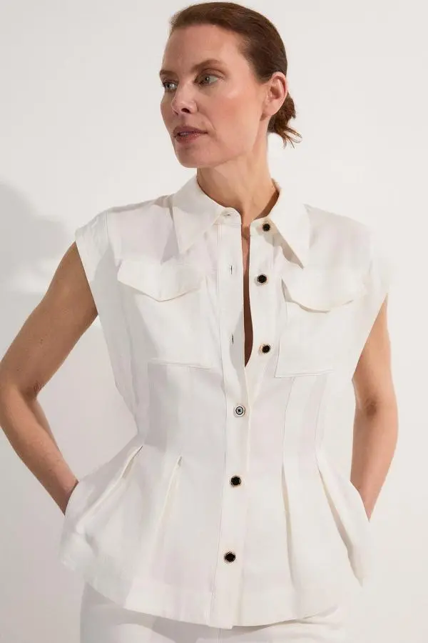 Tall Premium Viscose Linen Topstitch Woven Blouse With Waist Seam Detail - White