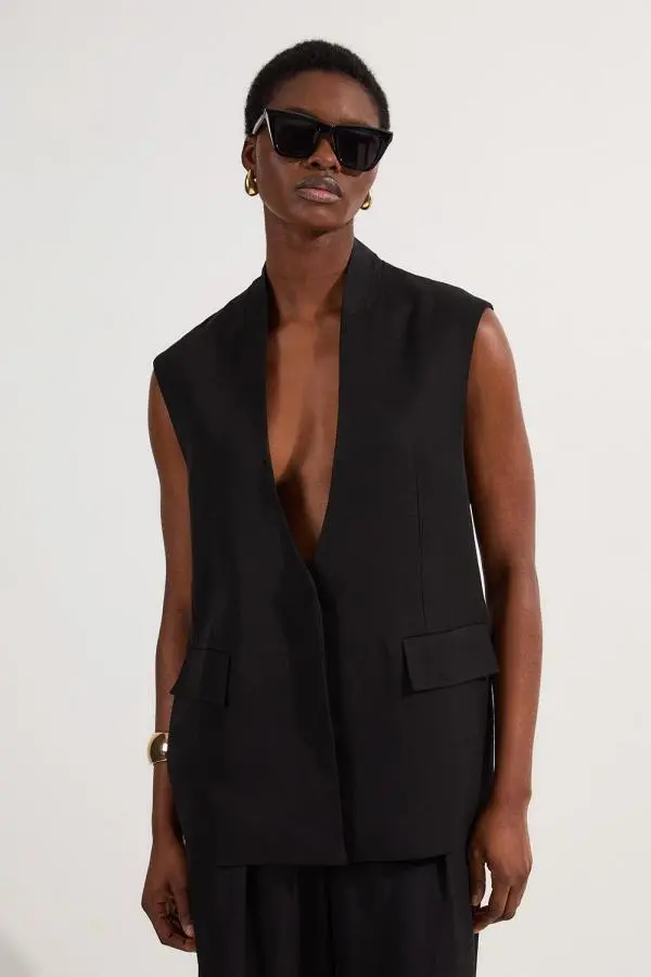 Viscose Linen Tailored Waistcoat - Black