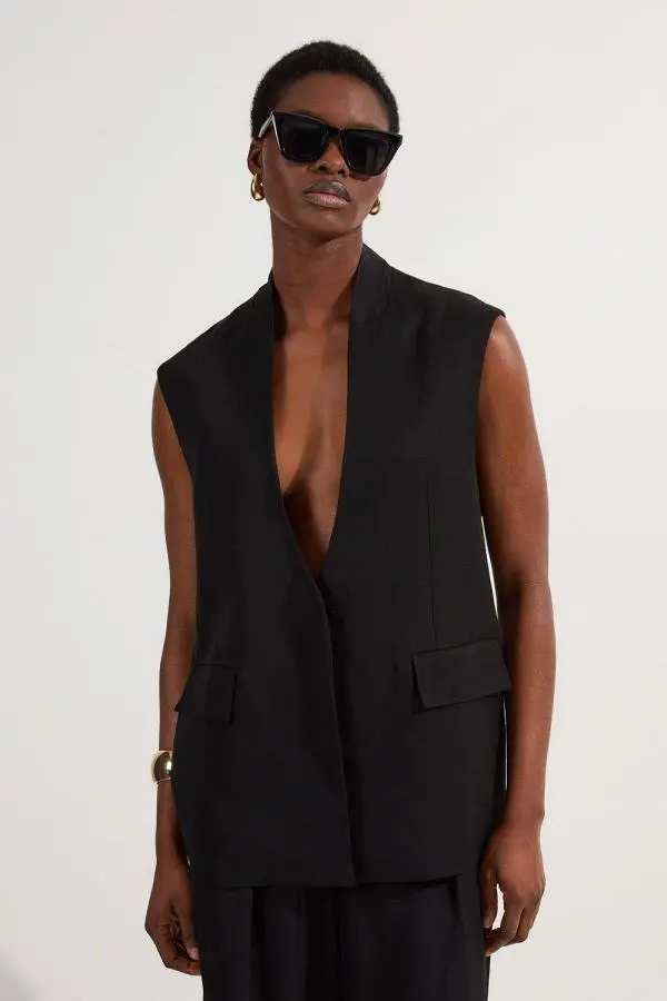 Viscose Linen Tailored Waistcoat - Black