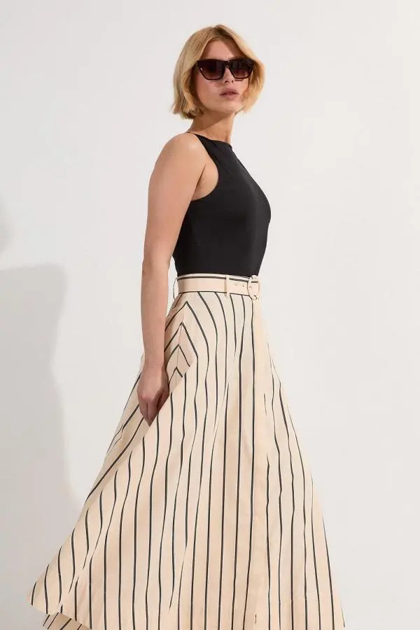 Cotton Belted Woven Maxi Skirt - Stripe