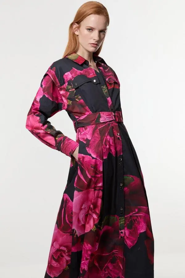 Placed Floral Cotton Sateen Shirt Dress - Black