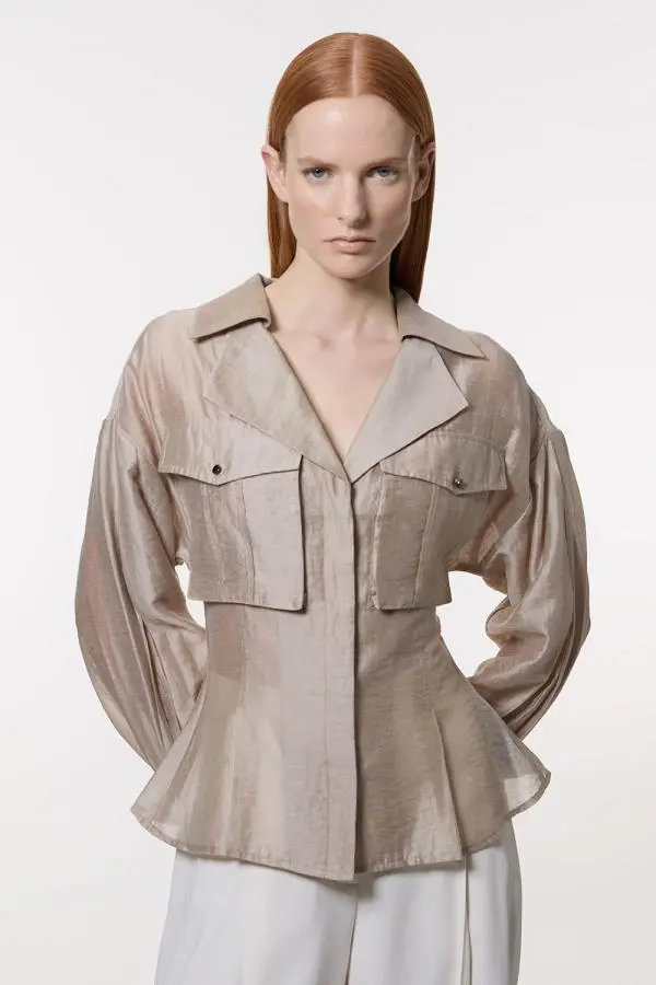 Organdie Slub Utility Pocket Detail Woven Blouse - Champagne
