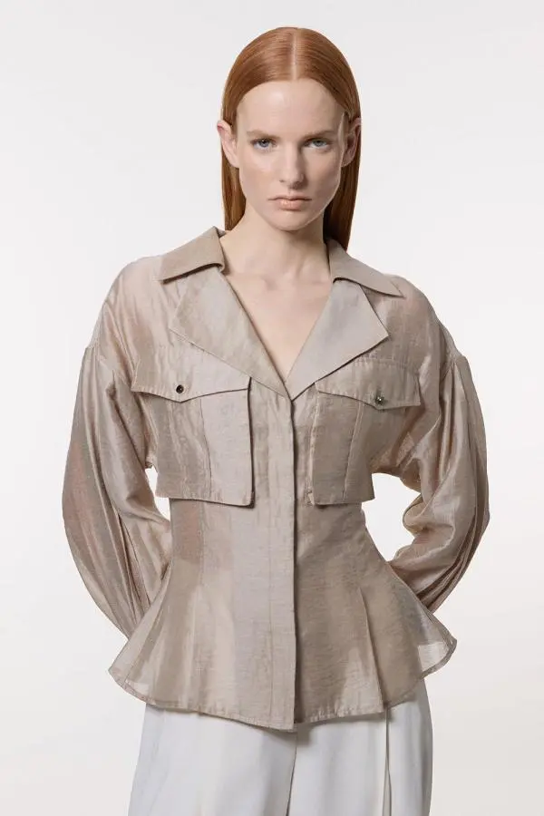 Organdie Slub Utility Pocket Detail Woven Blouse - Champagne