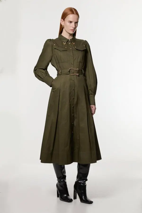 Petite Cotton Sateen Collar Detail Woven Midi Shirt Dress - Khaki/Green