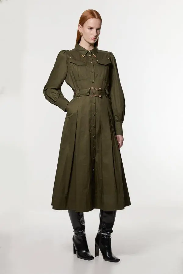 Cotton Sateen Collar Detail Woven Midi Shirt Dress - Khaki/Green