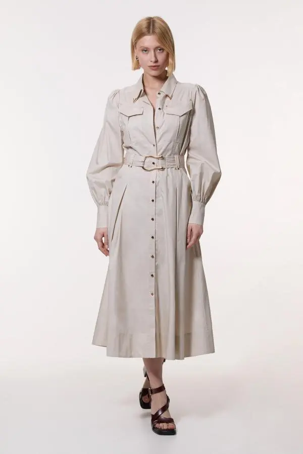 Cotton Sateen Collar Detail Woven Midi Shirt Dress - Brown