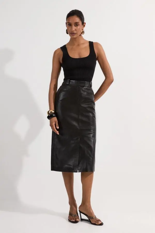 Leather Tailored Pencil Midi Skirt - Black