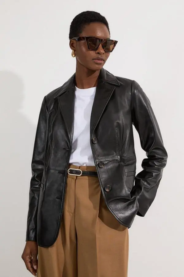 Leather Tailored Single Breasted Blazer - Black