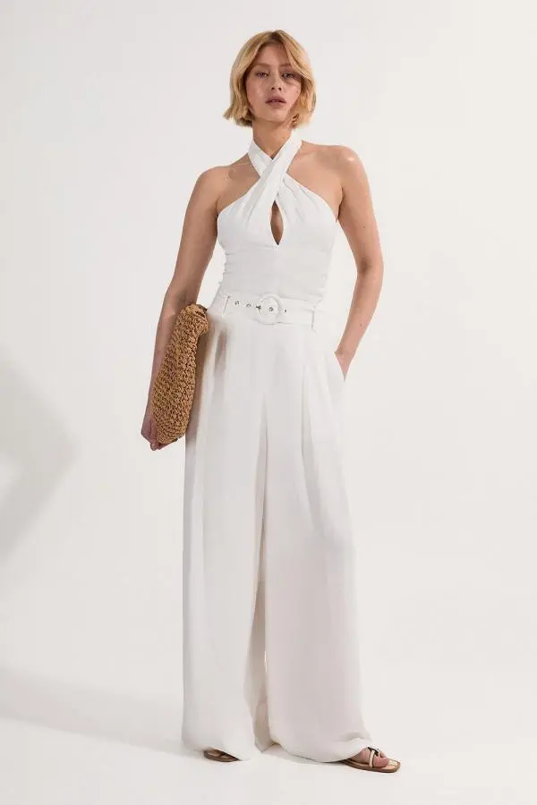 Tall Premium Viscose Linen Cross Front Halter Belted Woven Wide Leg Jumpsuit - White