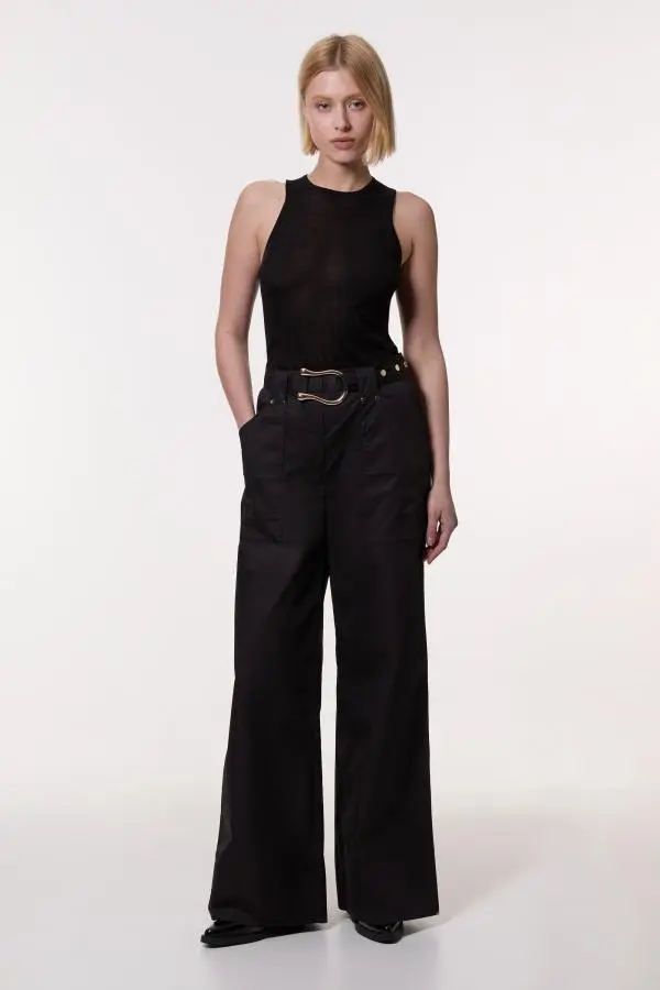 Cotton Sateen Utility Detail Belted Trouser With Gold Hardware Detail - Black
