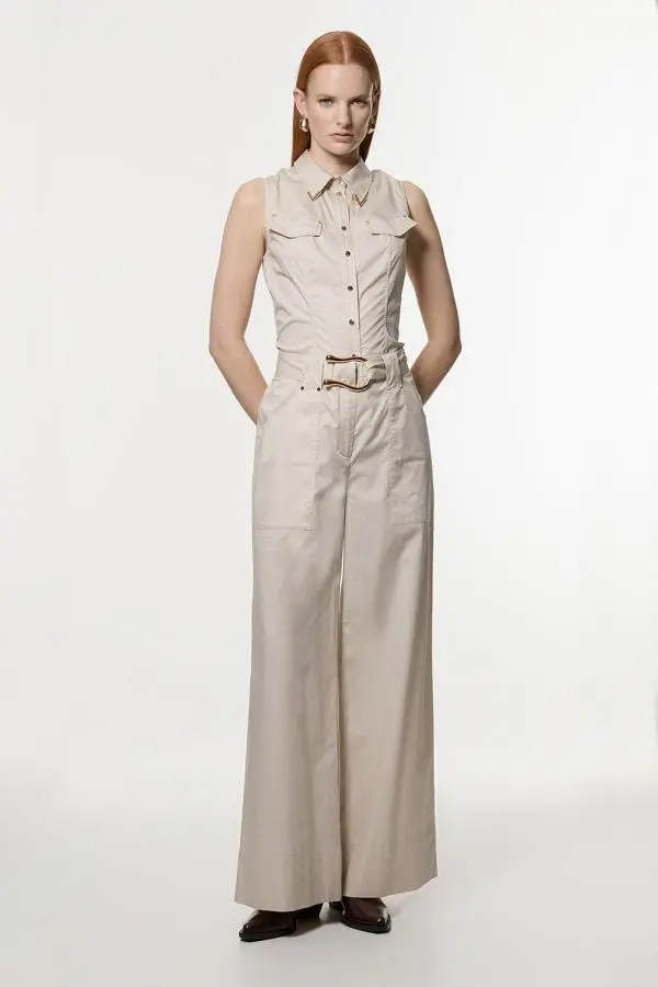 Cotton Sateen Utility Detail Belted Trouser With Gold Hardware Detail - Brown