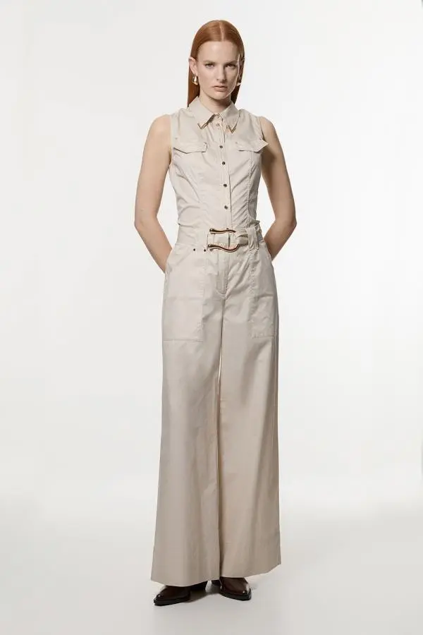 Cotton Sateen Utility Detail Belted Trouser With Gold Hardware Detail - Brown