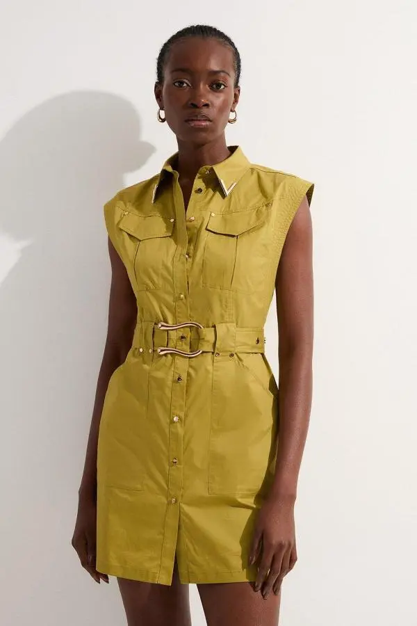 Cotton Sateen Utility Top Stitch Detail Woven Dress With Gold Hardware - Olive