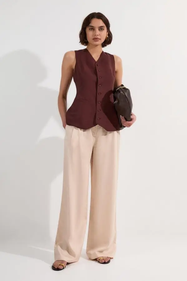 Premium Linen Wide Leg Tailored Trouser - Neutral