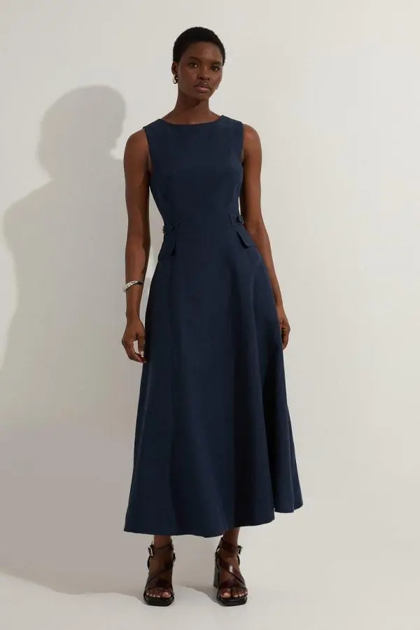Premium Tailored Linen Buckle Detail Full Skirt Midi Dress - Navy
