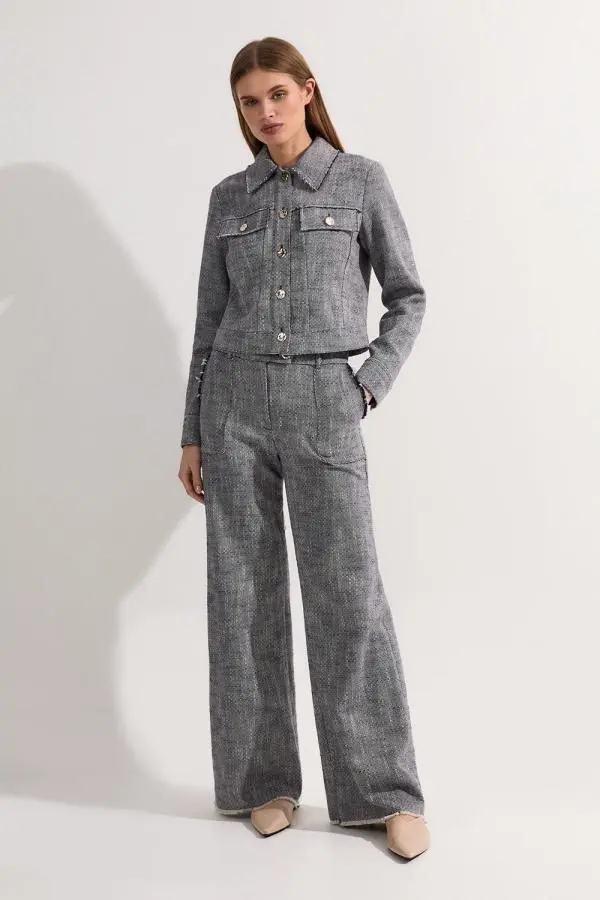 Spring Tweed Tailored Straight Leg Trousers - Navy