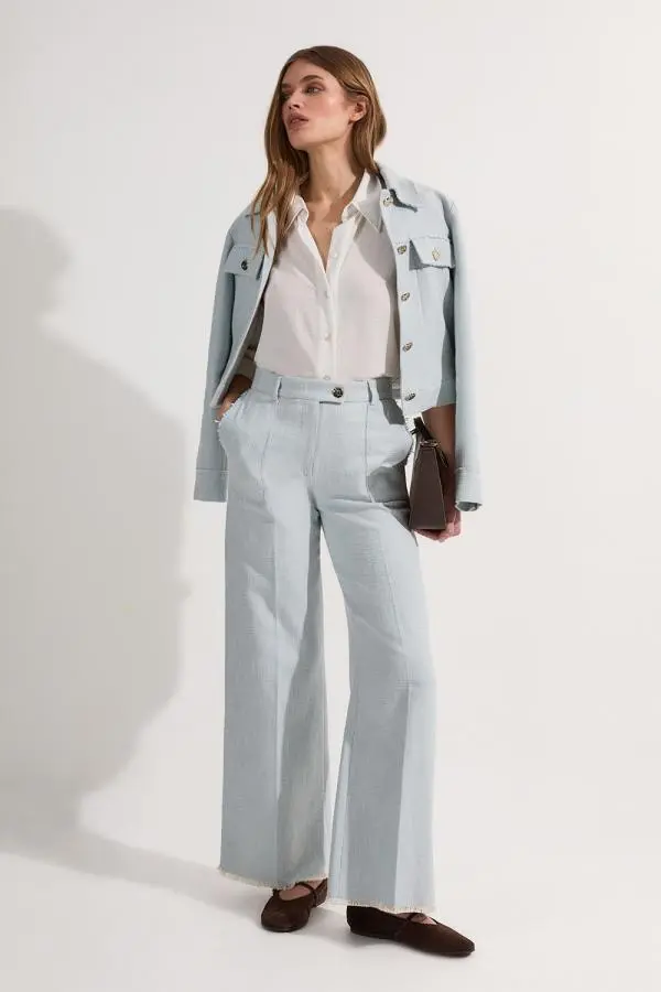 Spring Tweed Tailored Straight Leg Trousers - Pale Blue