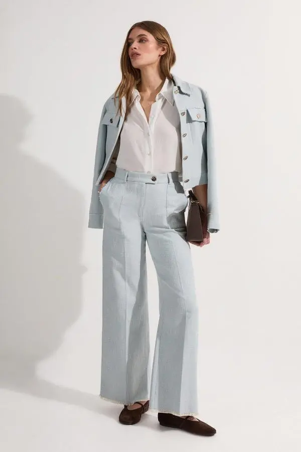 Spring Tweed Tailored Straight Leg Trousers - Pale Blue