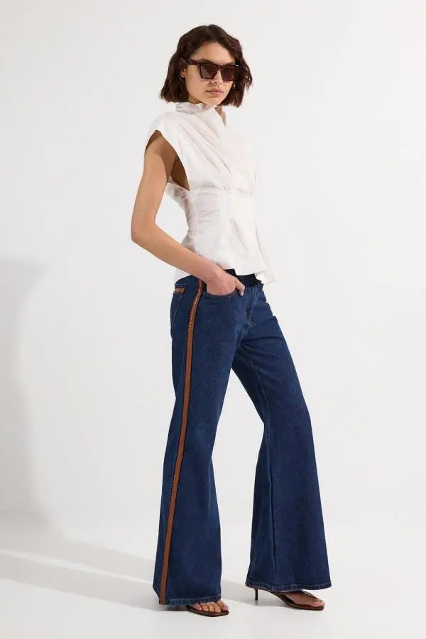 Denim & Faux Leather Tipped Side Skinny Flare Jean - Dark Wash