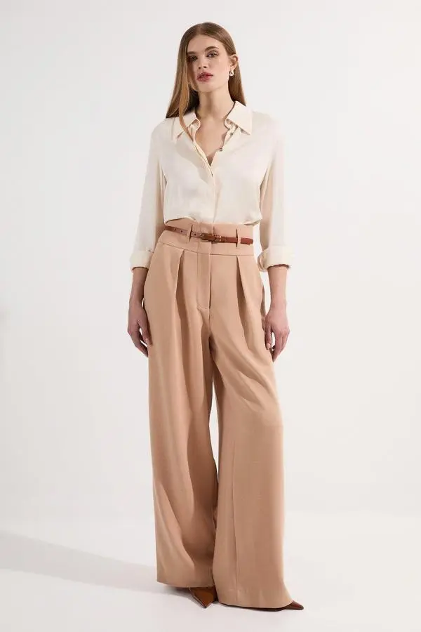 Compact Stretch Essential Tailored High Waist Wide Leg Trouser - Camel