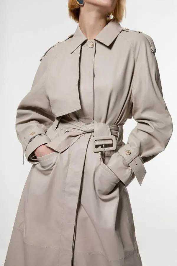 Leather Belted Trench Coat - Oatmeal