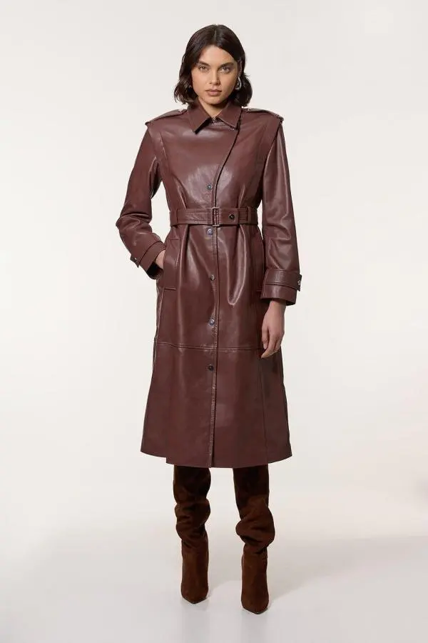 Leather Strong Shoulder Belted Midi Trench Coat - Navy