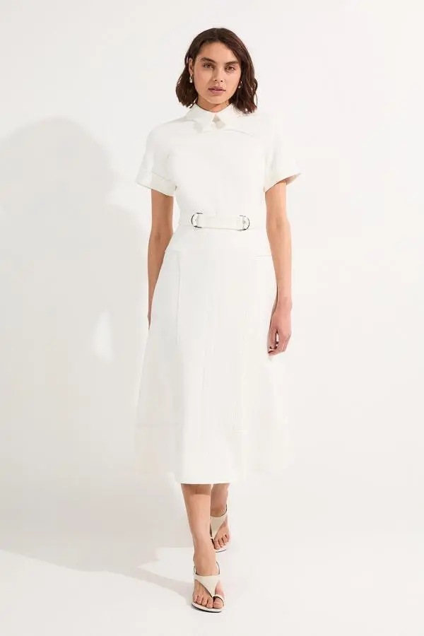 Compact Stretch Tab Detail Full Skirted Midi Dress - Ivory