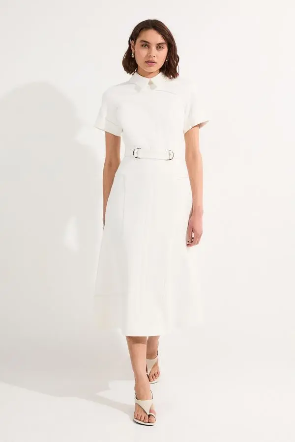 Compact Stretch Tab Detail Full Skirted Midi Dress - Ivory
