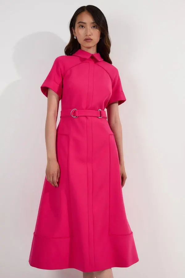 Compact Stretch Tab Detail Full Skirted Midi Dress - Bright Pink