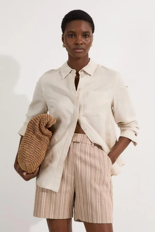 Linen Sparkle Stripe Tailored City Short - Neutral