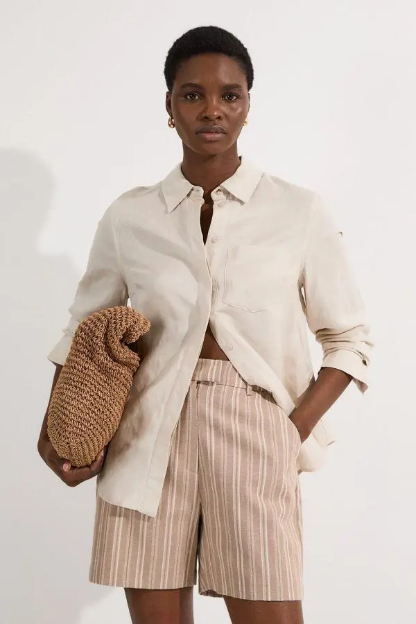 Linen Sparkle Stripe Tailored City Short - Neutral