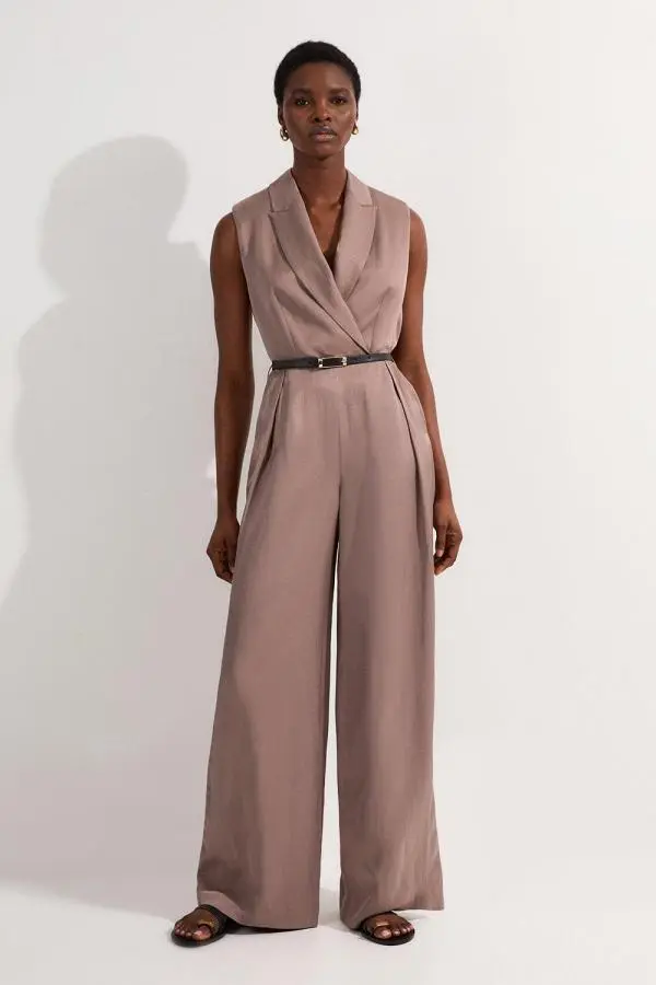 Premium Viscose Linen Tailored Belted Wide Leg Jumpsuit - Taupe