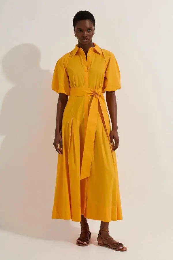 Petite Cotton Puff Sleeve Woven Midi Shirt Dress With Dropped Waist Detail - Mango