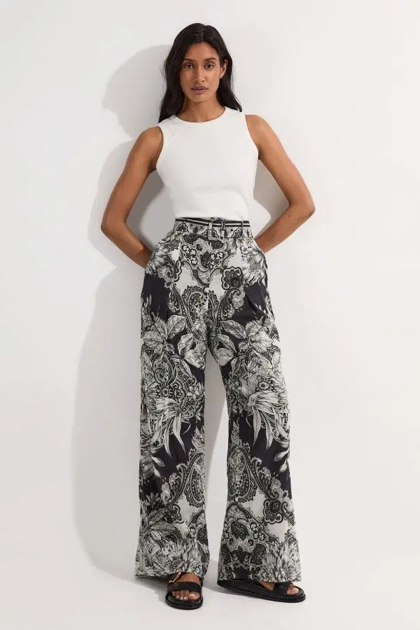 Tall Tile Silk Cotton Woven High Waisted Trouser - Mono