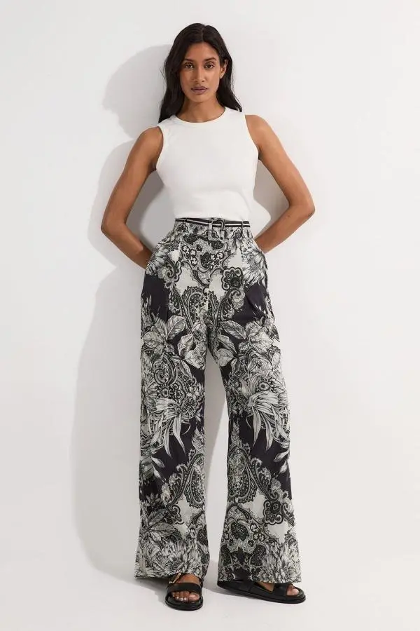 Tall Tile Silk Cotton Woven High Waisted Trouser - Mono