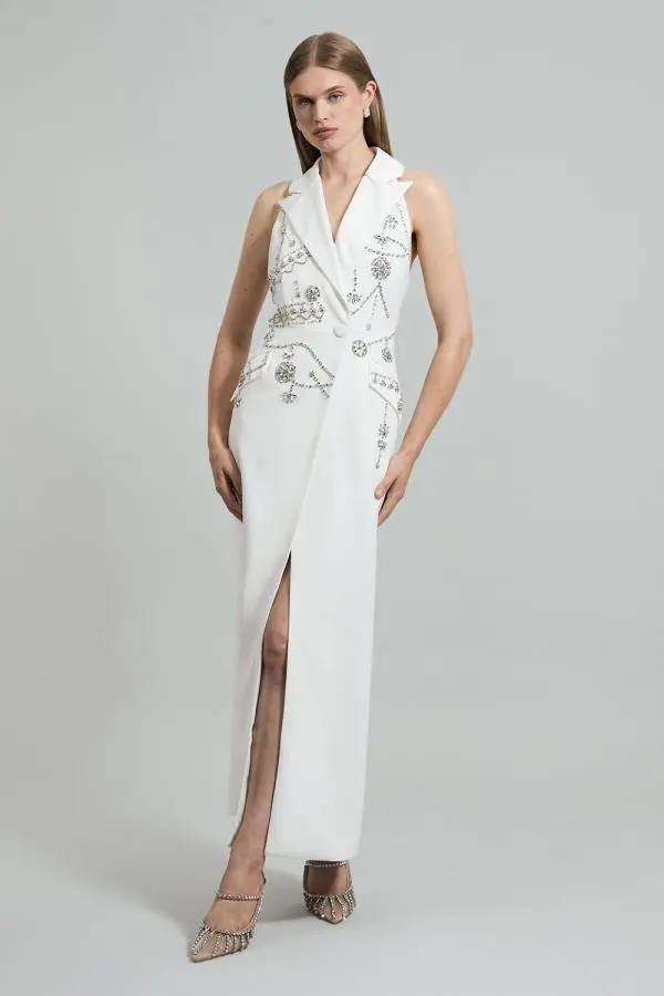 Crystal Embellished Cady Sleeveless Blazer - Ivory