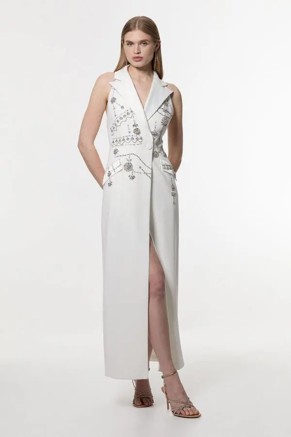 Crystal Embellished Cady Sleeveless Blazer - Ivory