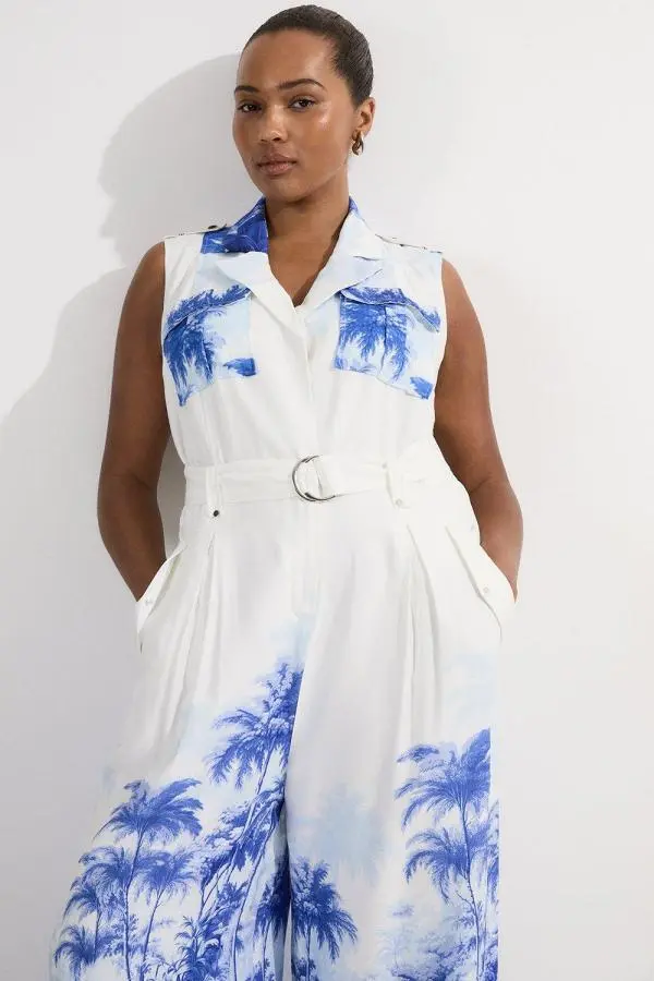 Plus Size Viscose Linen Scenic Print With Top Stitch Belted Woven Jumpsuit - Navy