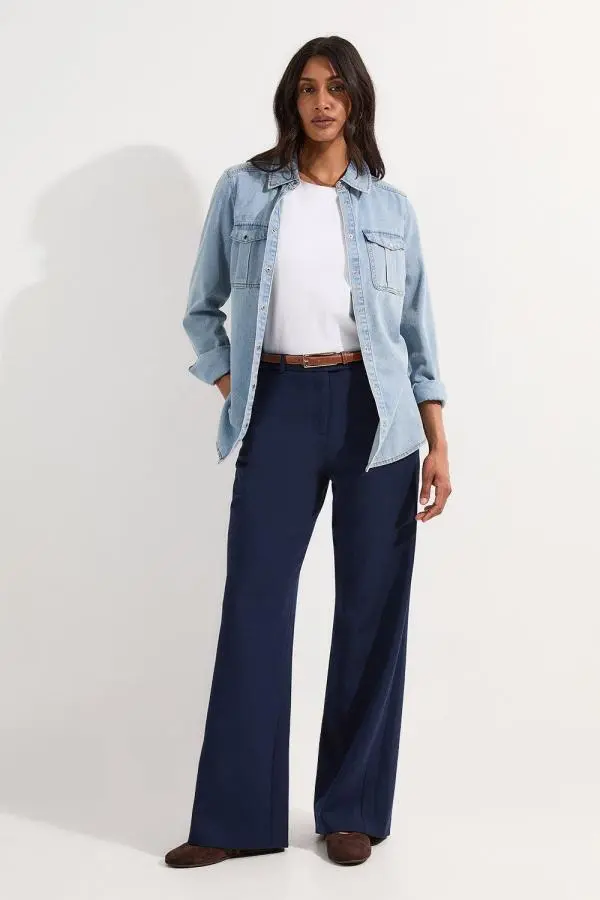Compact Stretch Pu Tipped Tailored Wide Leg Trouser - Navy