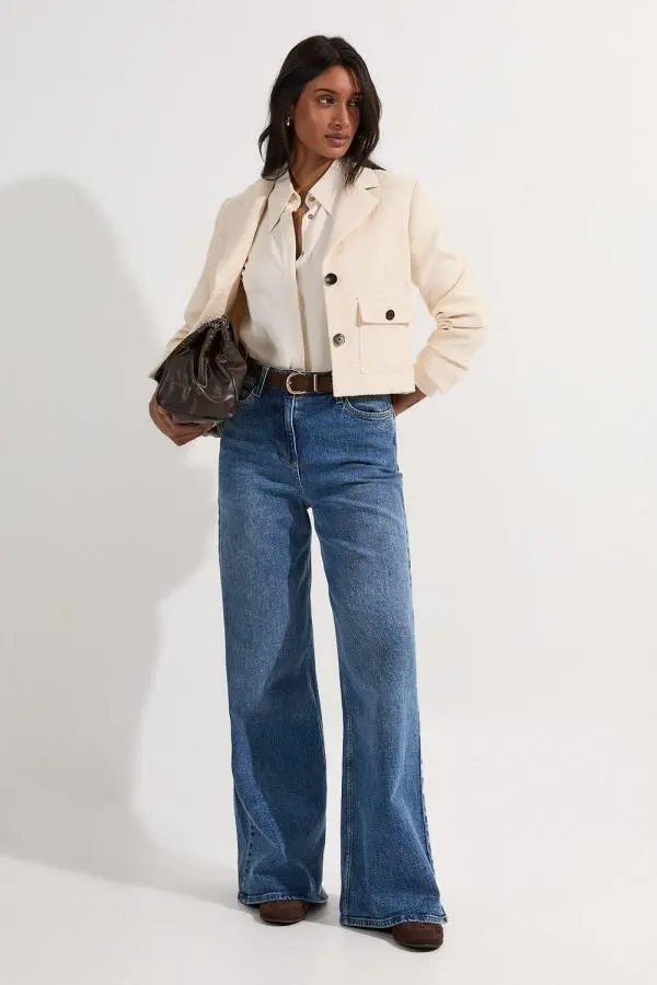 Textured Tweed Cropped Tailored Jacket - Cream