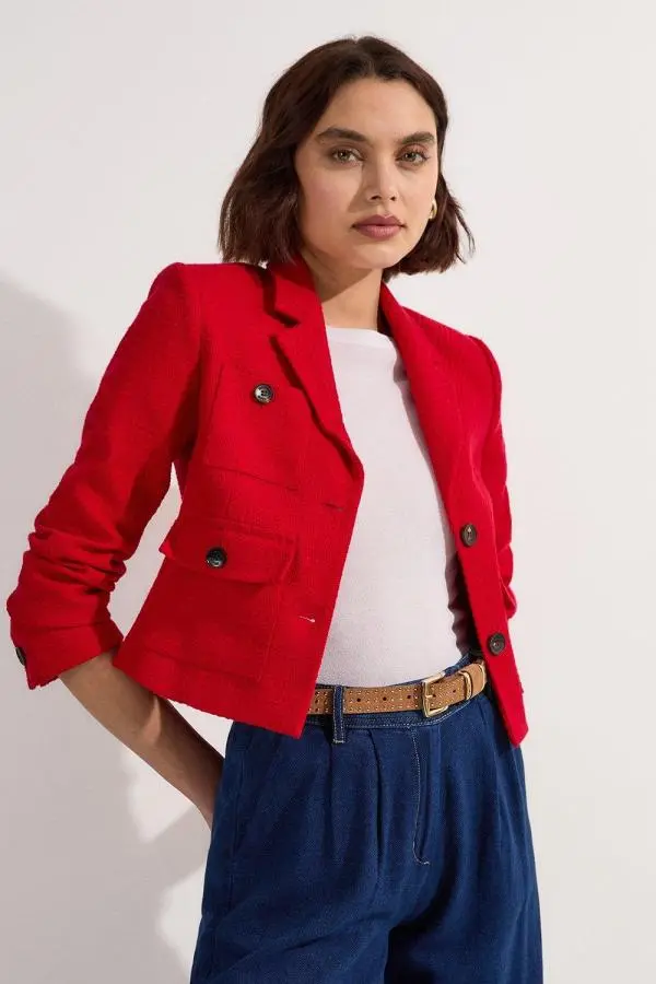 Textured Tweed Cropped Tailored Jacket - Red